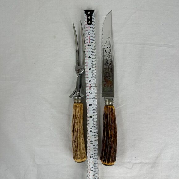Solingen Germany Stainless Stag Antler Handle Etched Carving Knife Serving Fork - Picture 11 of 12
